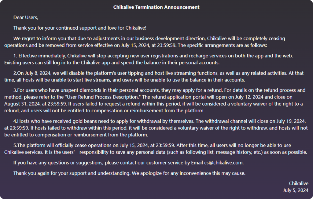 Chikalive termination announcement