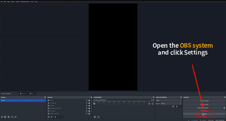 open the obs system and click settings